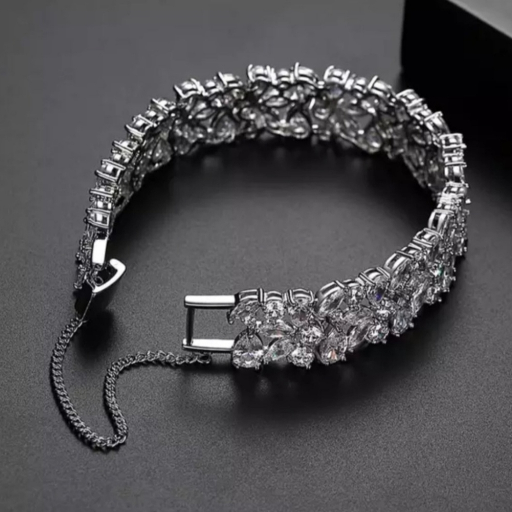 Rhodium Plated Floral Crystal Tennis Bracelet Silver Double Row Sparkle - Picture 5 of 6